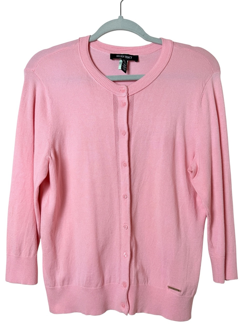Ellen Tracy Large Light Pink Crewneck Button-Front Cardigan
